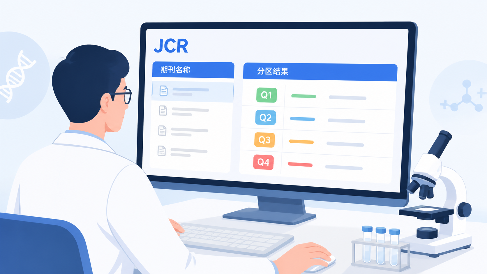 科研人员在电脑前查询期刊分区,屏幕上展示JCR数据库、期刊名称和分区结果对比界面,整体风格专业简洁。