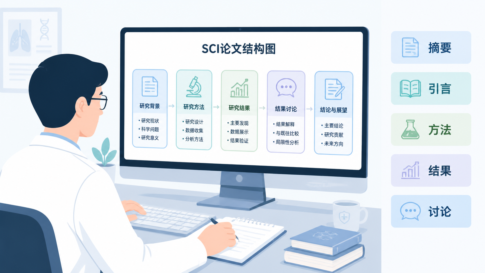 科研人员在电脑前整理SCI论文结构图，旁边放着摘要、引言、方法、结果、讨论五个模块标签
