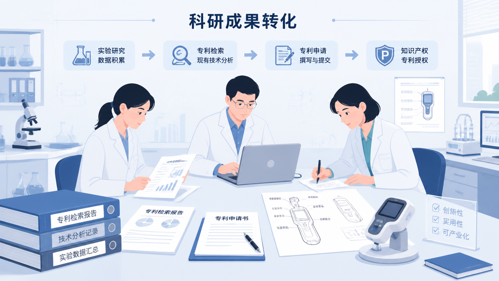 实验室研究人员整理专利检索资料、专利文件和医学设备草图，体现“科研成果转化为专利”的场景