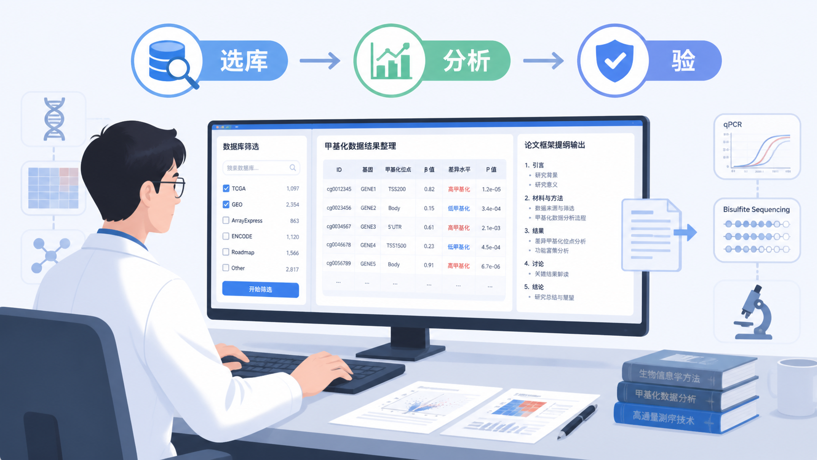 一张研究者在电脑前完成数据库筛选、甲基化结果整理和论文框架输出的场景图，旁边标注“选库-分析-验证”闭环流程