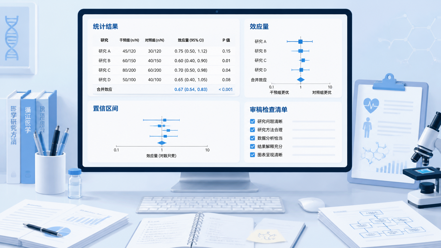医学论文写作场景,图中展示统计结果表格、效应量、置信区间和论文审稿检查清单