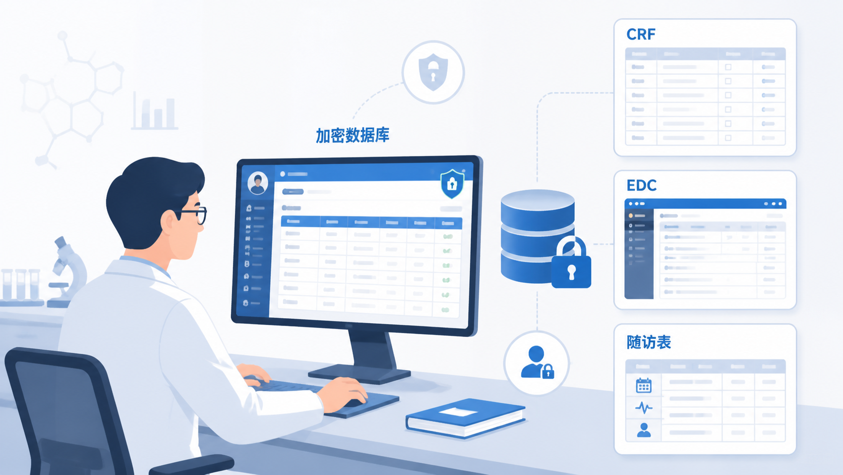科研人员在电脑前查看加密数据库与随访表，旁边有CRF表、EDC界面和安全锁图标，突出规范化临床数据管理