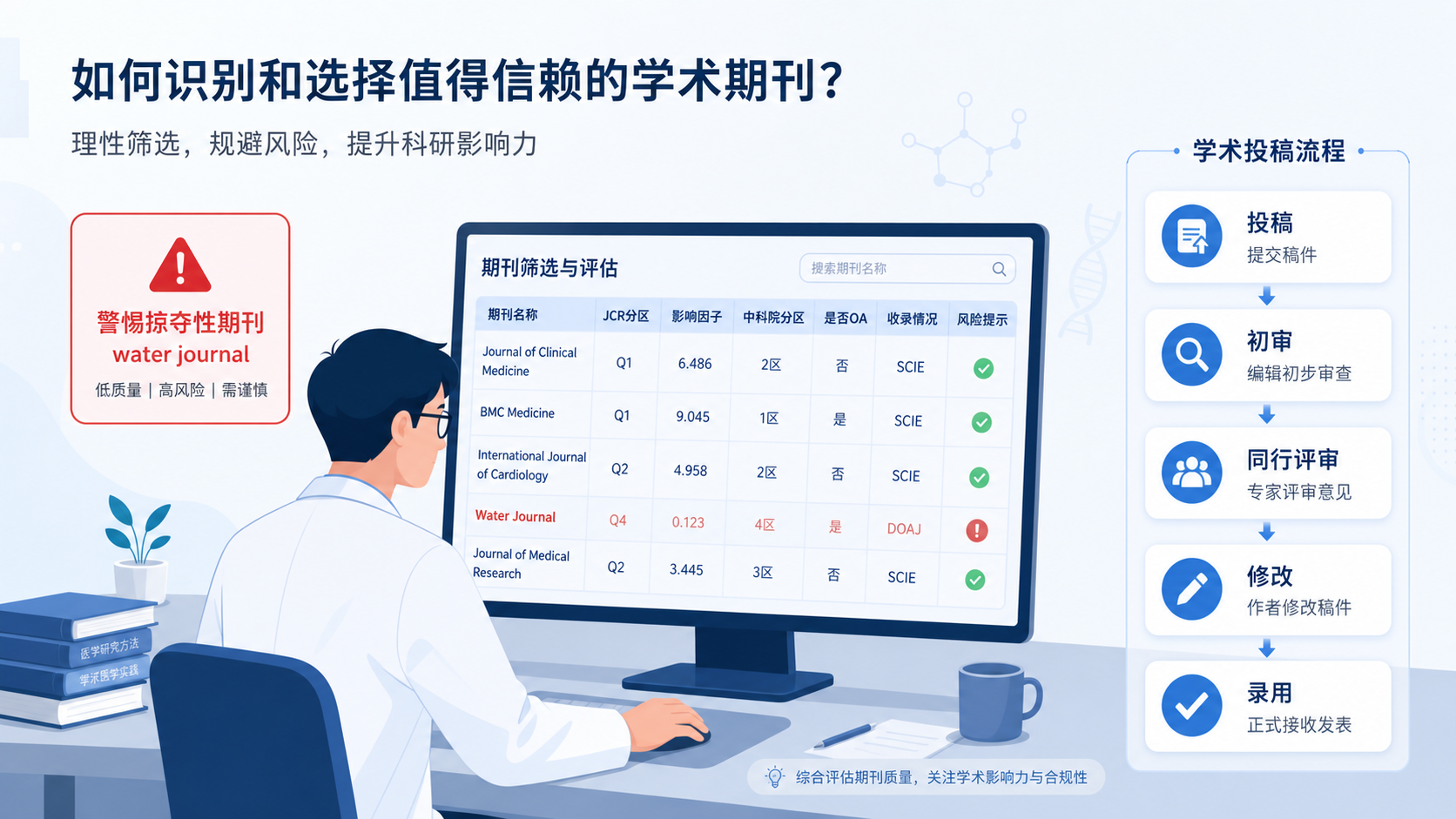 一位科研人员面对电脑筛选期刊列表，旁边有“water journal”警示标识和投稿流程图