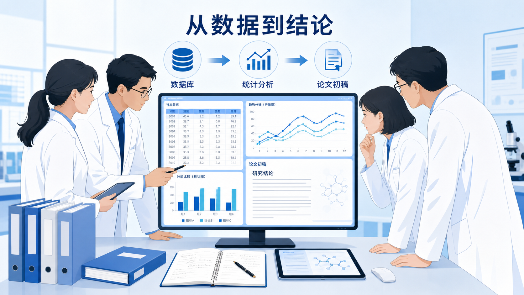 检验科研究团队围绕电脑屏幕讨论数据分析结果，画面包含数据库界面、统计图表和论文初稿，突出“从数据到论文”的转化场景