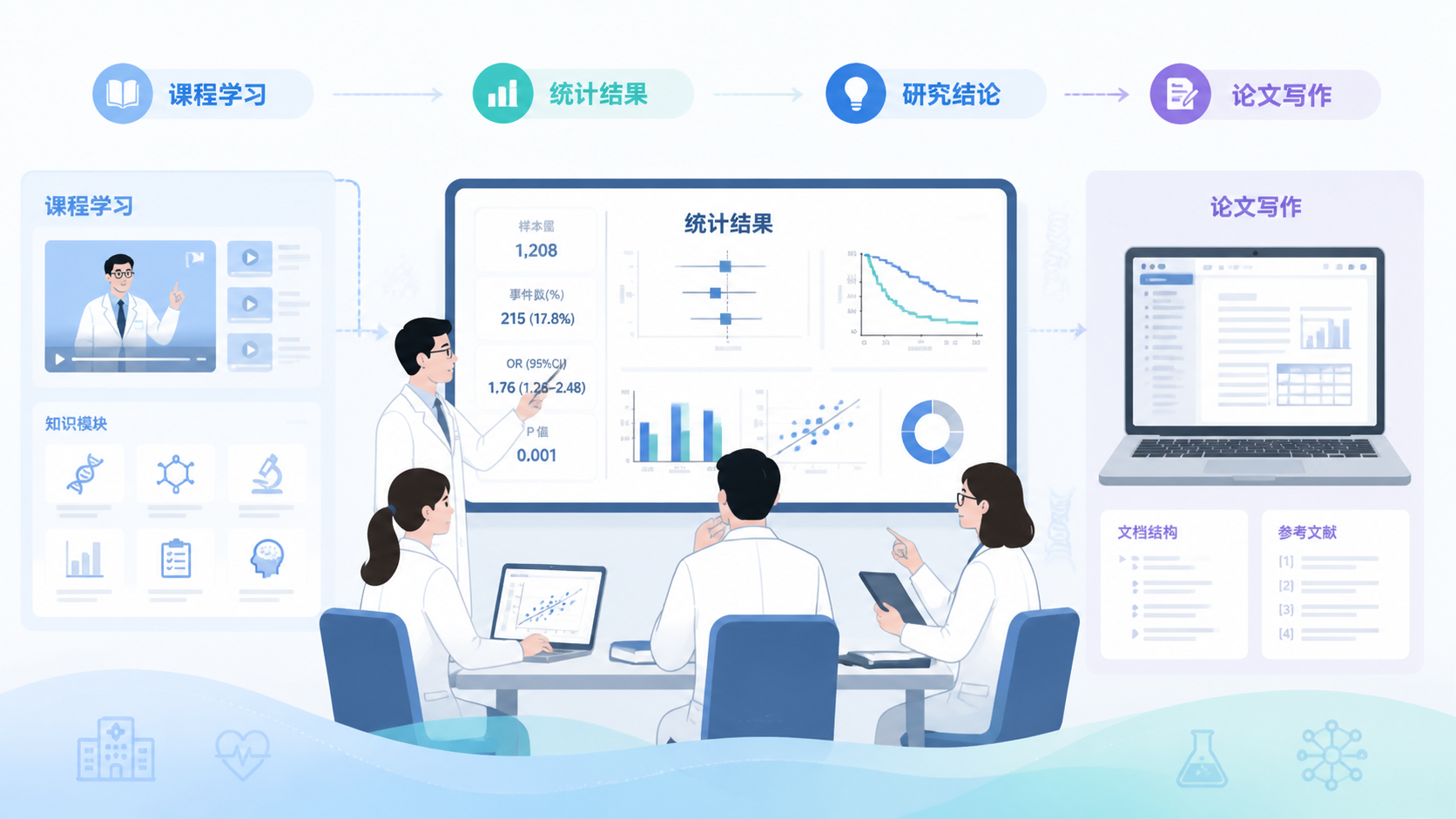 临床科研团队围绕统计结果讨论研究结论，旁边展示课程学习界面与论文写作场景，体现系统学习和转化应用