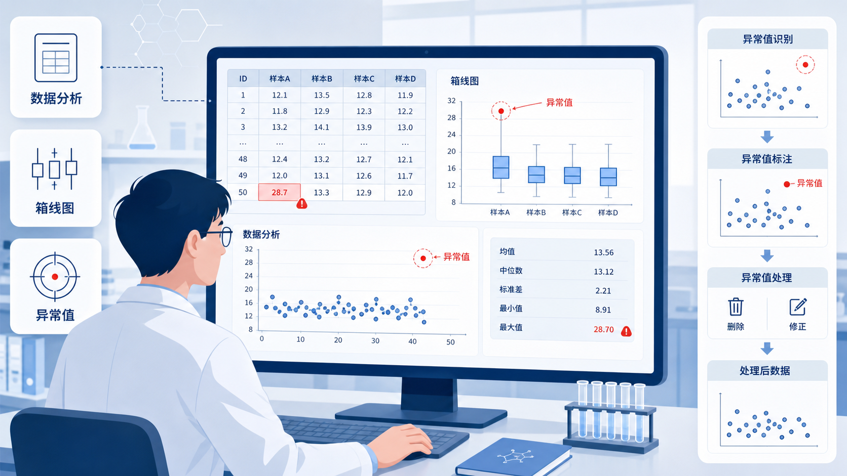 科研人员在电脑前查看数据表、箱线图和统计分析结果的场景，突出“异常值识别与处理”的主题。