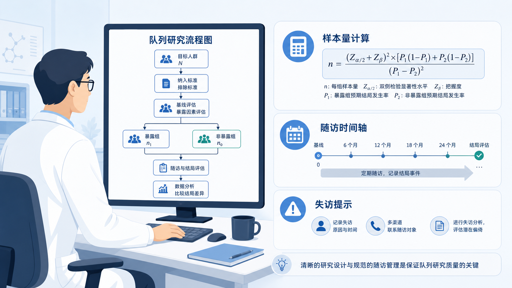 医学研究者在电脑前查看队列研究流程图，旁边展示样本量计算公式、随访时间轴和失访提示标识