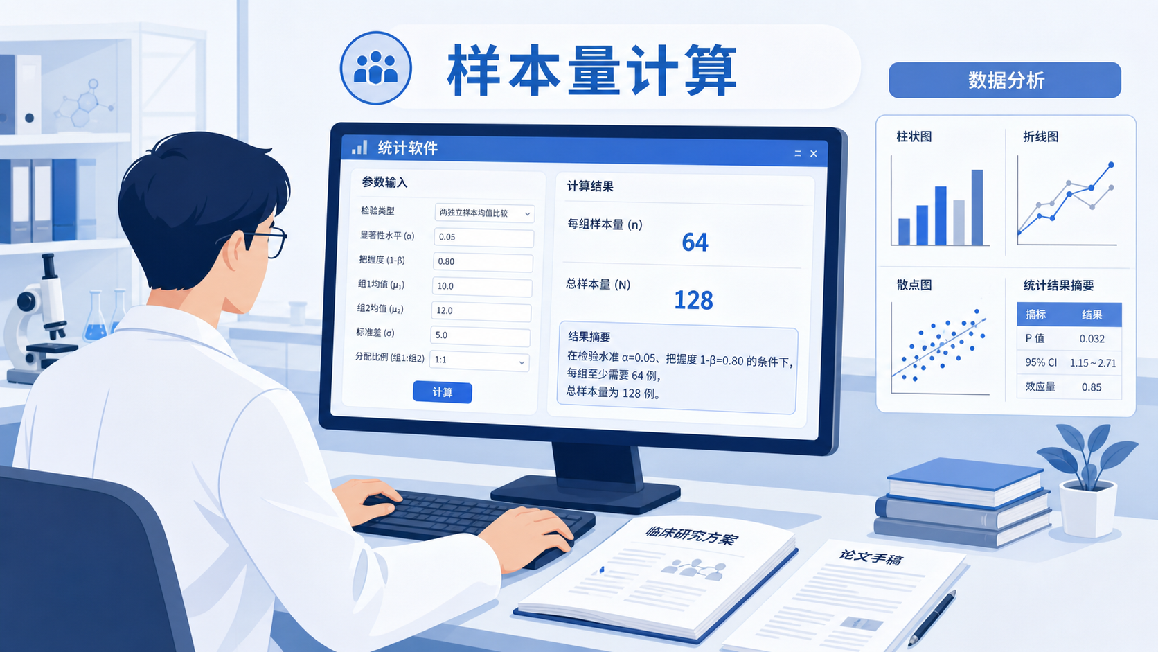 科研人员在电脑前使用统计软件进行样本量计算，旁边有临床研究方案、论文和数据分析图表