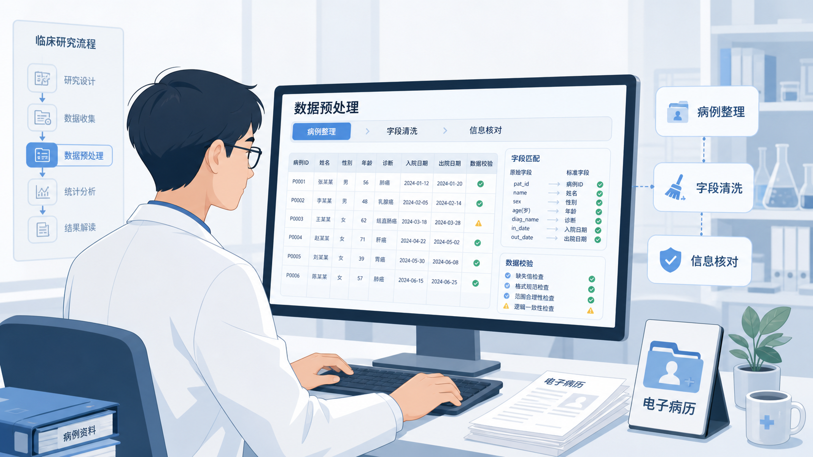 临床研究者在电脑前整理病例表、清洗数据字段、核对电子病历信息的场景，强调数据预处理的基础性。