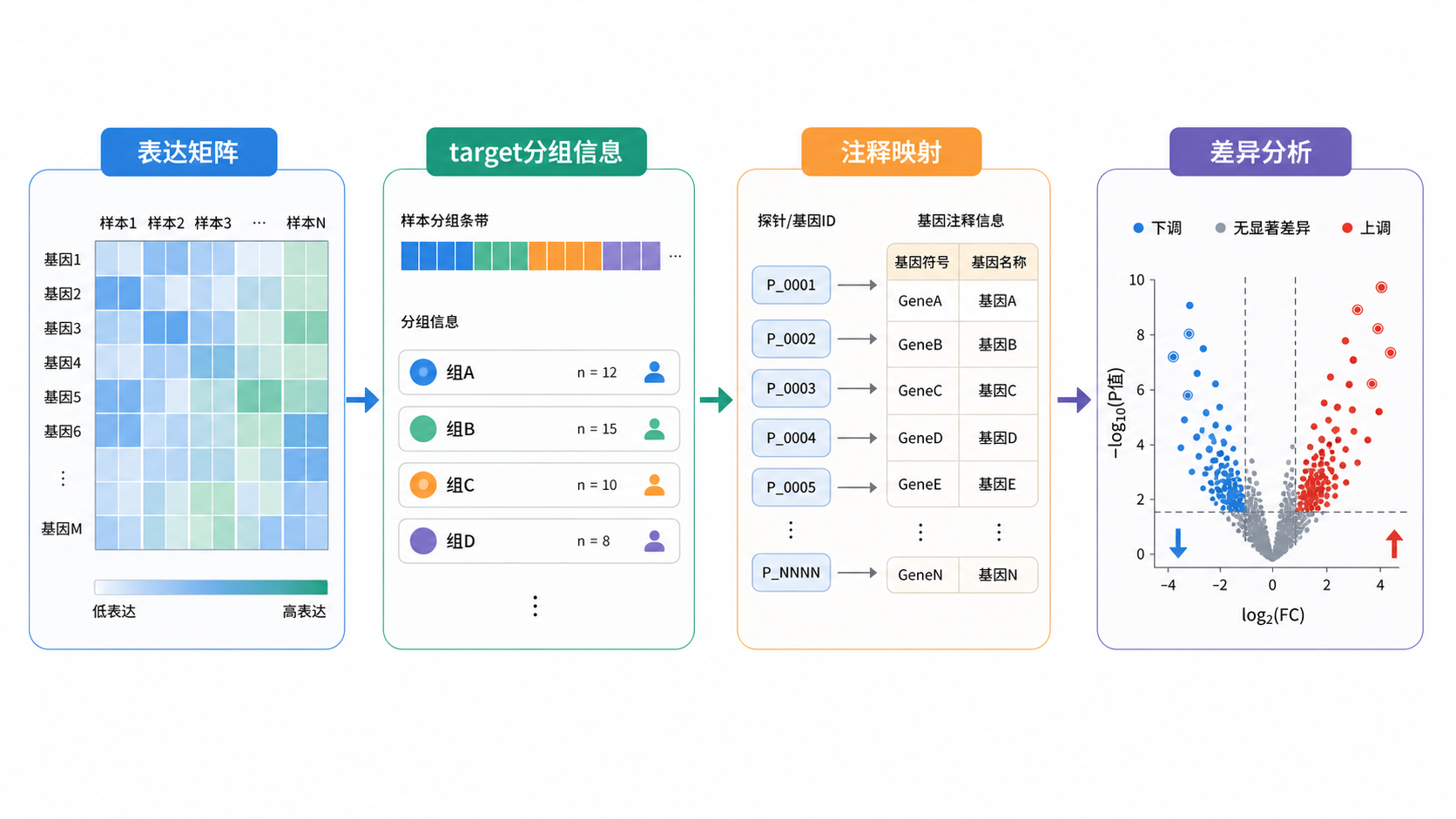 一张芯片数据分析流程图，突出“表达矩阵、target分组信息、注释映射、差异分析”四个环节，配色简洁专业。