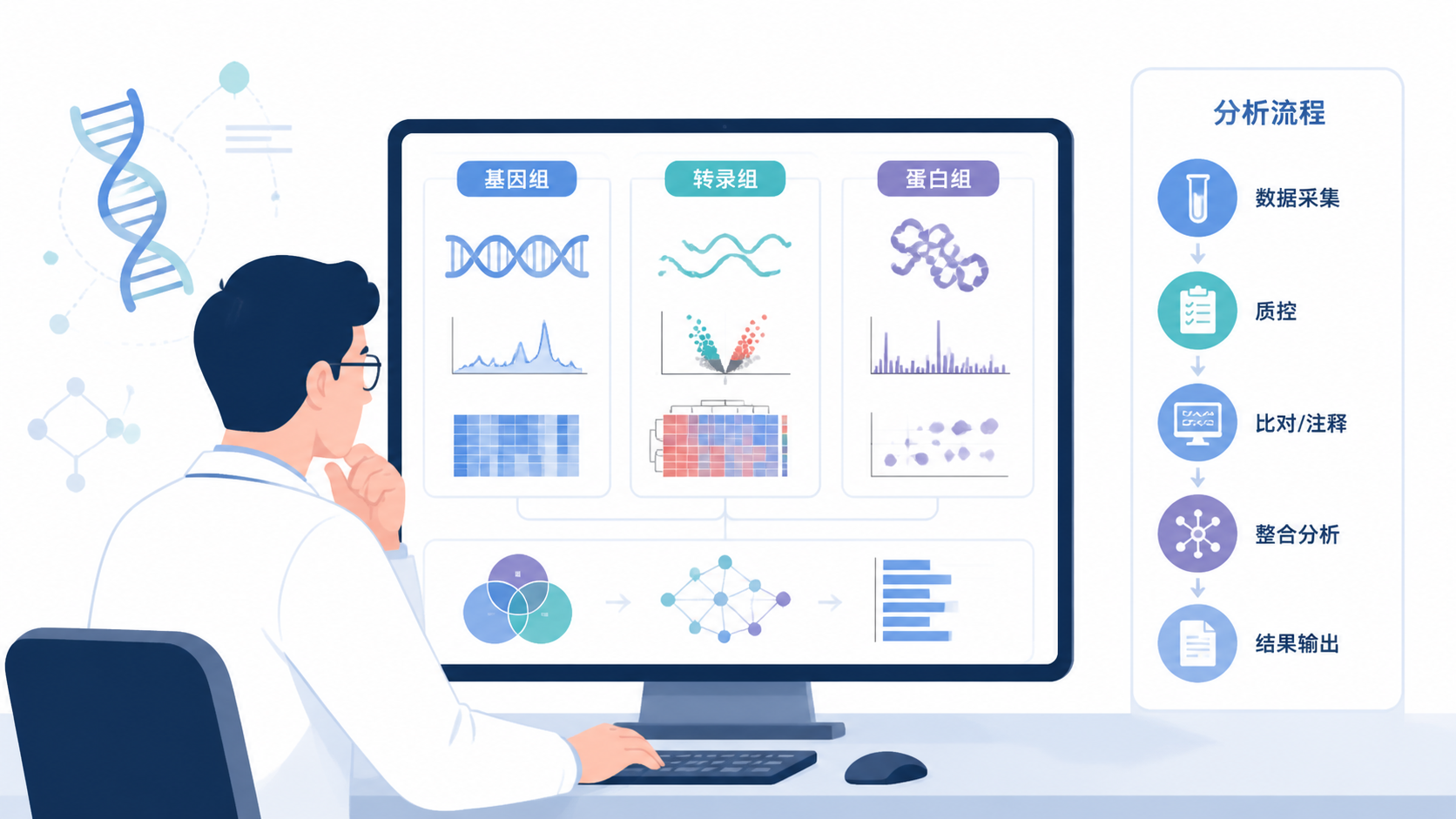 医学生在电脑前查看基因组、转录组和蛋白组数据流程图，旁边有简洁的分析路径示意图。