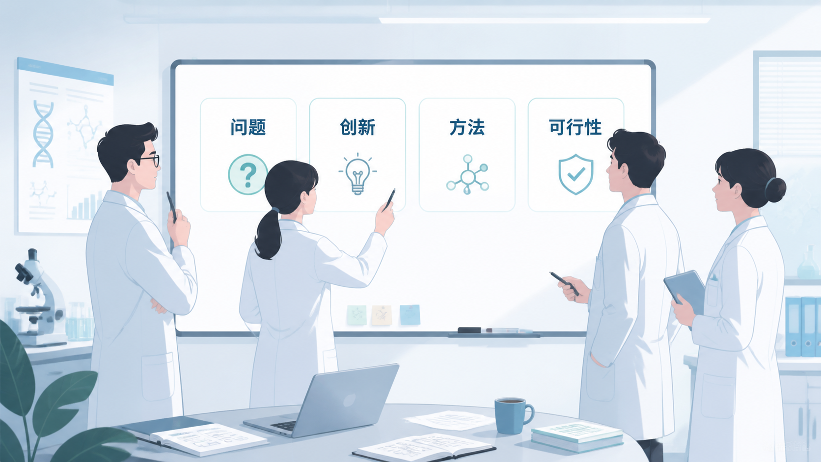 研究团队围着白板讨论选题框架，白板上写有“问题、创新、方法、可行性”四个模块，画面体现方案打磨完成