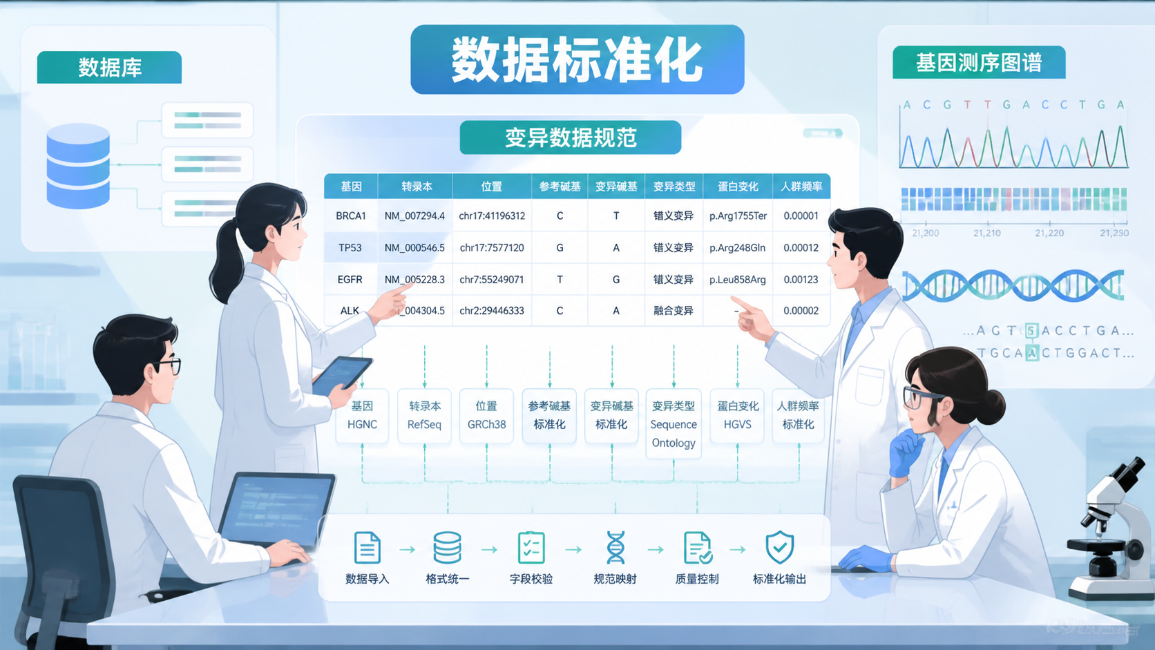 医学生或科研人员在实验室、数据库界面与基因测序图谱前讨论变异数据规范的场景，强调“数据标准化”和“研究可信度”。