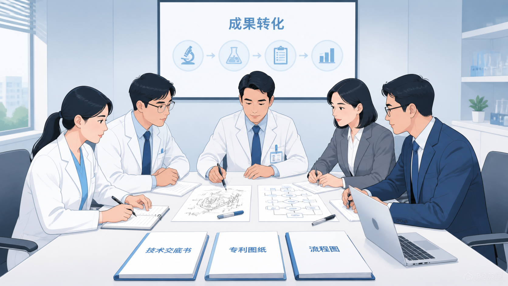 临床团队与专利顾问共同审阅技术交底书、专利图纸和流程图，表达成果转化落地与专业协作。