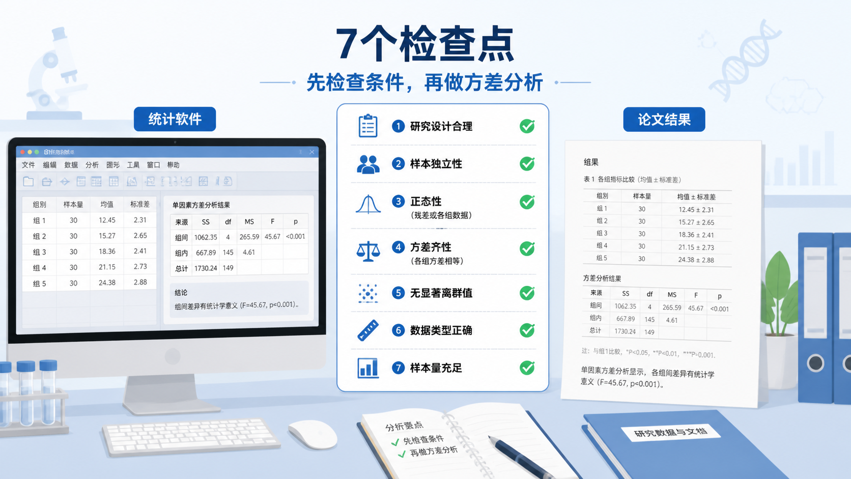 一张科研工作台场景图，包含7个检查点清单、统计软件界面和论文结果页，强调“先检查条件，再做方差分析”的流程。