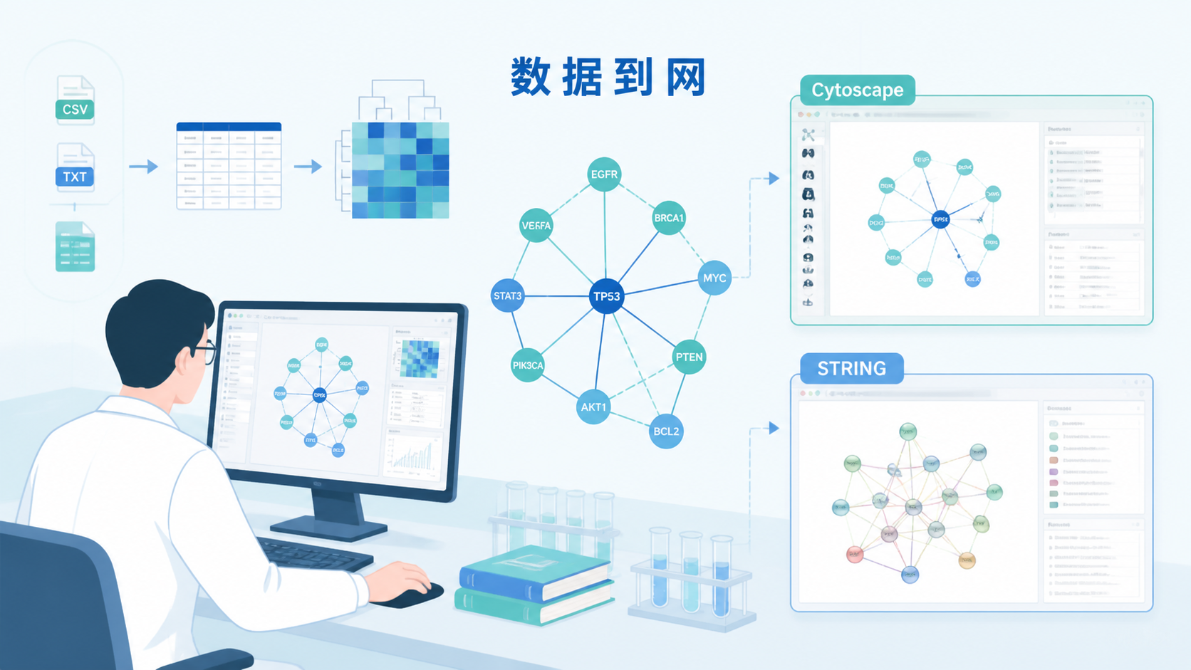 科研人员在电脑前查看基因互作网络图，旁边展示Cytoscape和STRING界面，突出“数据到网络图”的流程感。
