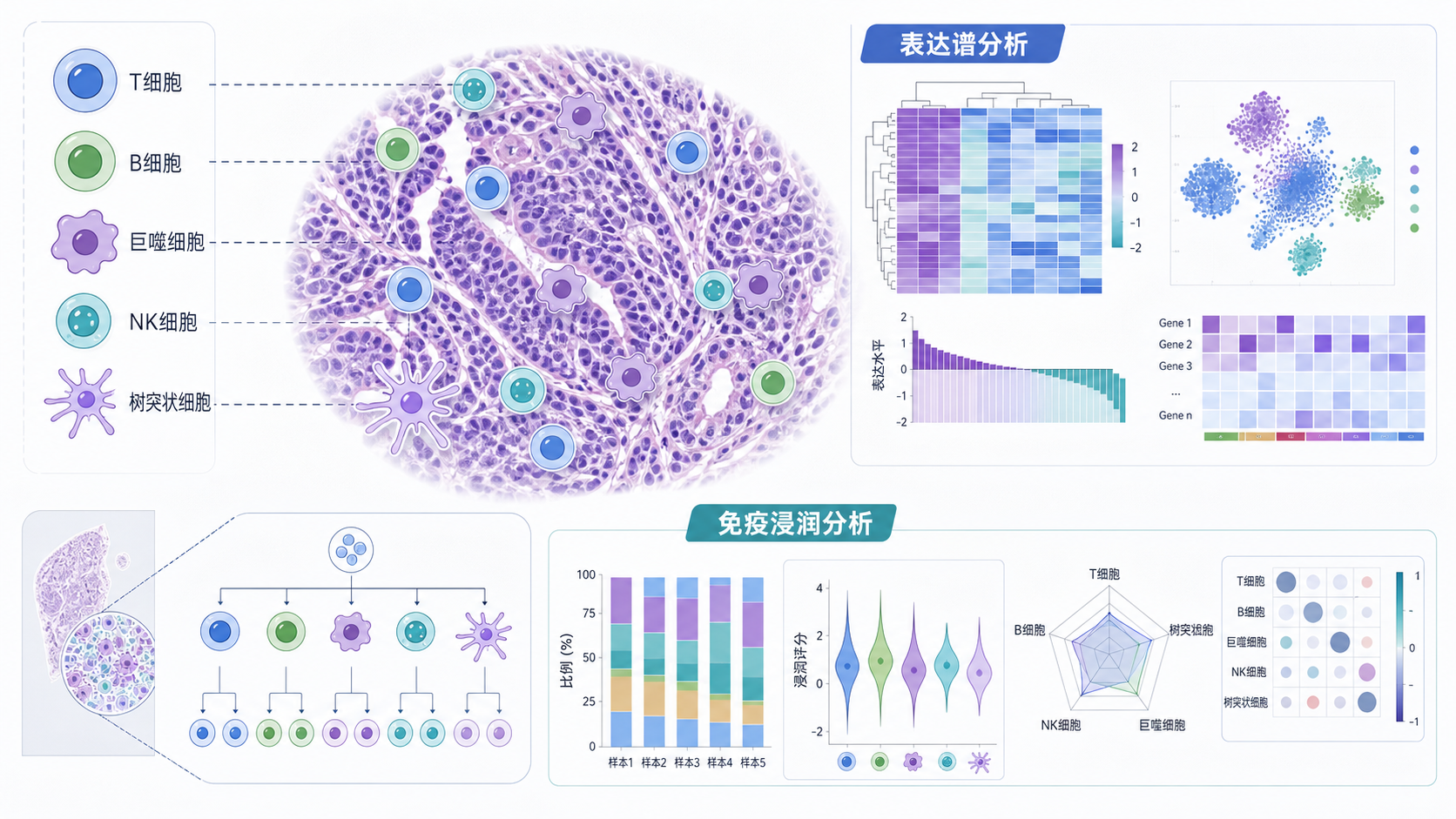 肿瘤组织切片与不同免疫细胞图标叠加的科研示意图，突出表达谱和免疫浸润分析场景