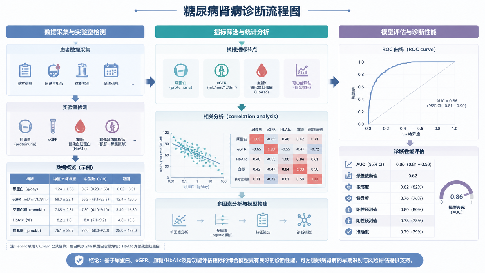 一张糖尿病肾病诊断流程图，包含尿蛋白、eGFR、相关分析和ROC曲线等元素，风格简洁专业。