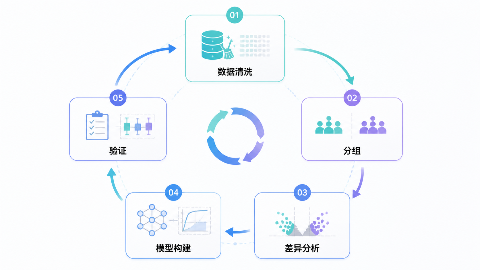 一张规范整理后的生信分析流程图，包含数据清洗、分组、差异分析、模型构建和验证闭环，突出专业与高效。