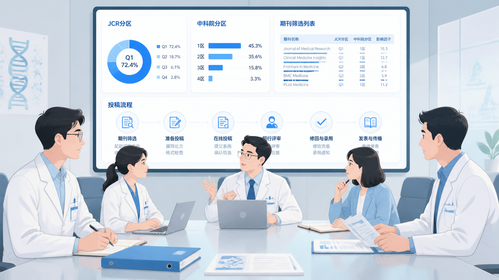 医学科研团队围坐讨论投稿策略，屏幕上显示JCR分区、中科院分区、期刊筛选列表和投稿流程。