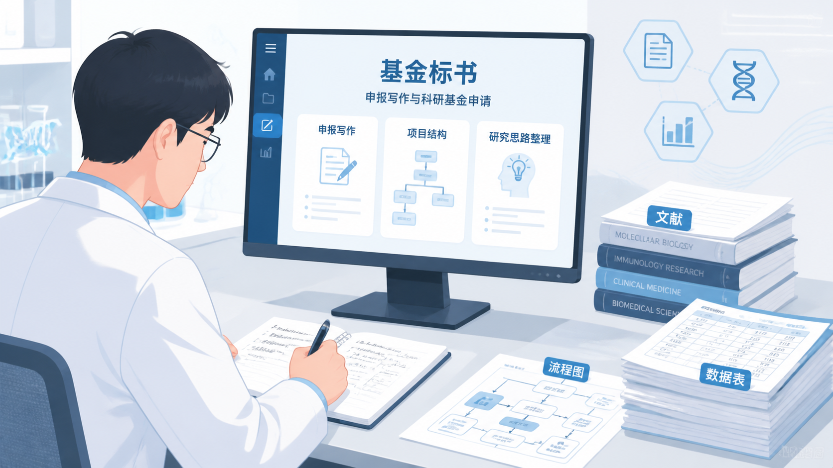实验室或医院科研场景，研究者在电脑前梳理基金标书，旁边放着文献、数据表和流程图，突出“申报写作与科学问题设计”的主题