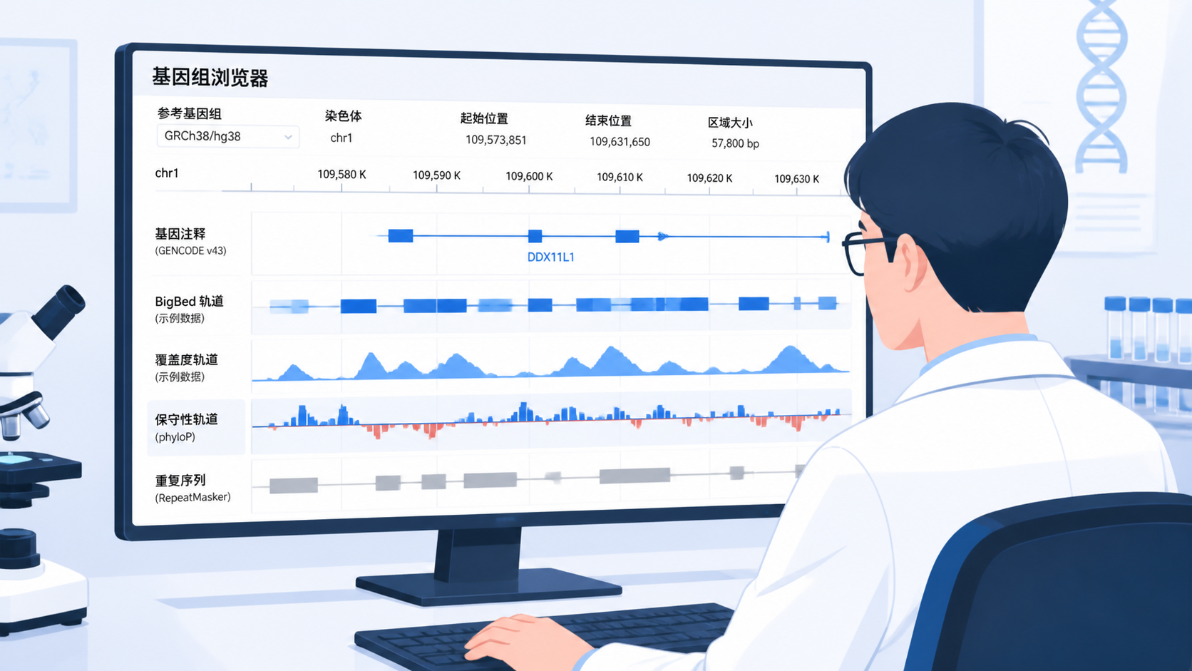一位科研人员在电脑前查看基因组浏览器界面，屏幕中显示BigBed格式轨道数据和基因注释区域。