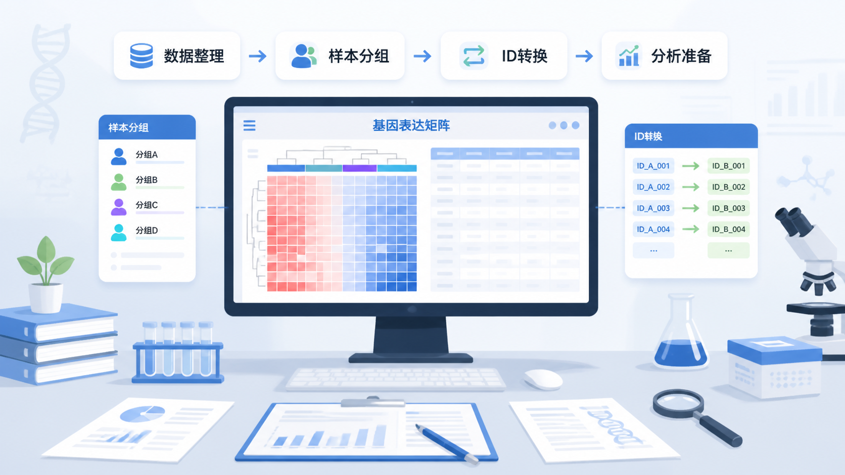 一张展示基因表达矩阵、样本分组信息、ID转换流程的科研工作台示意图，强调数据整理与分析前置步骤