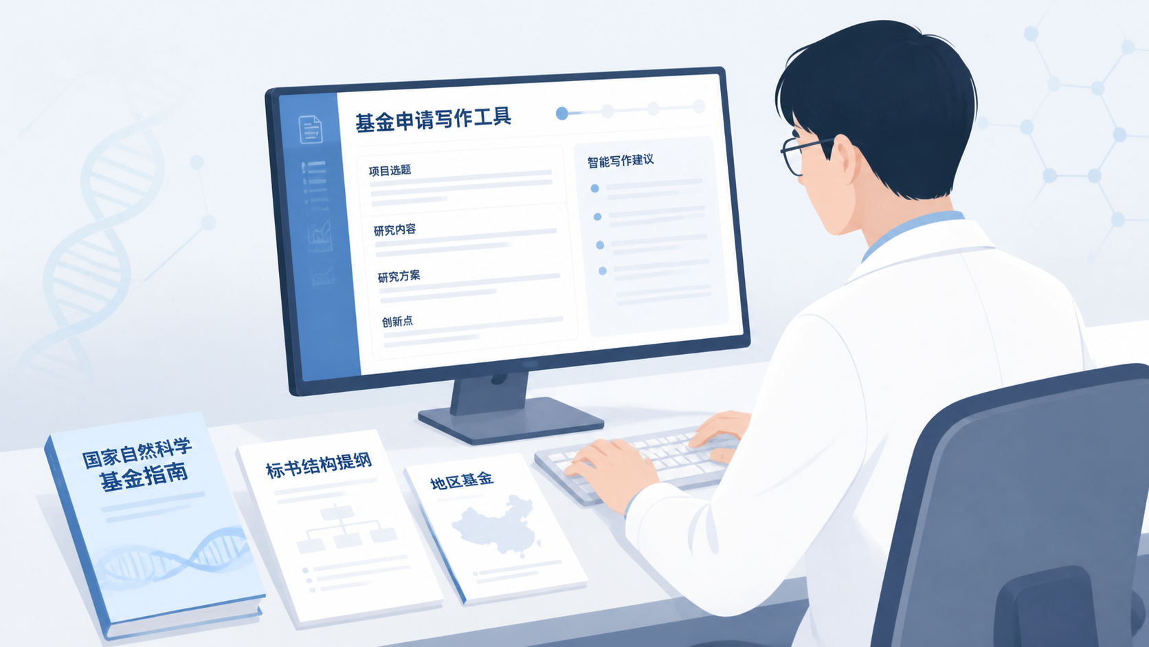 科研人员在电脑前使用基金申请写作工具，旁边放有国家自然科学基金指南、标书结构提纲和“地区基金”字样，突出专业写作与申报支持。