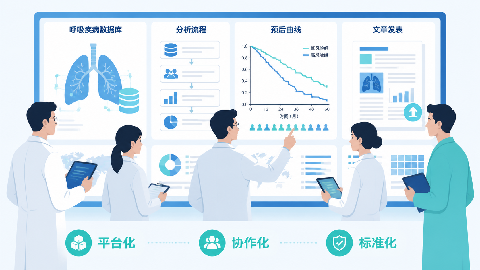科研团队围绕呼吸疾病数据库进行讨论，屏幕展示分析流程、预后曲线和发表文章示意图，突出“平台化、协作化、持续产出”