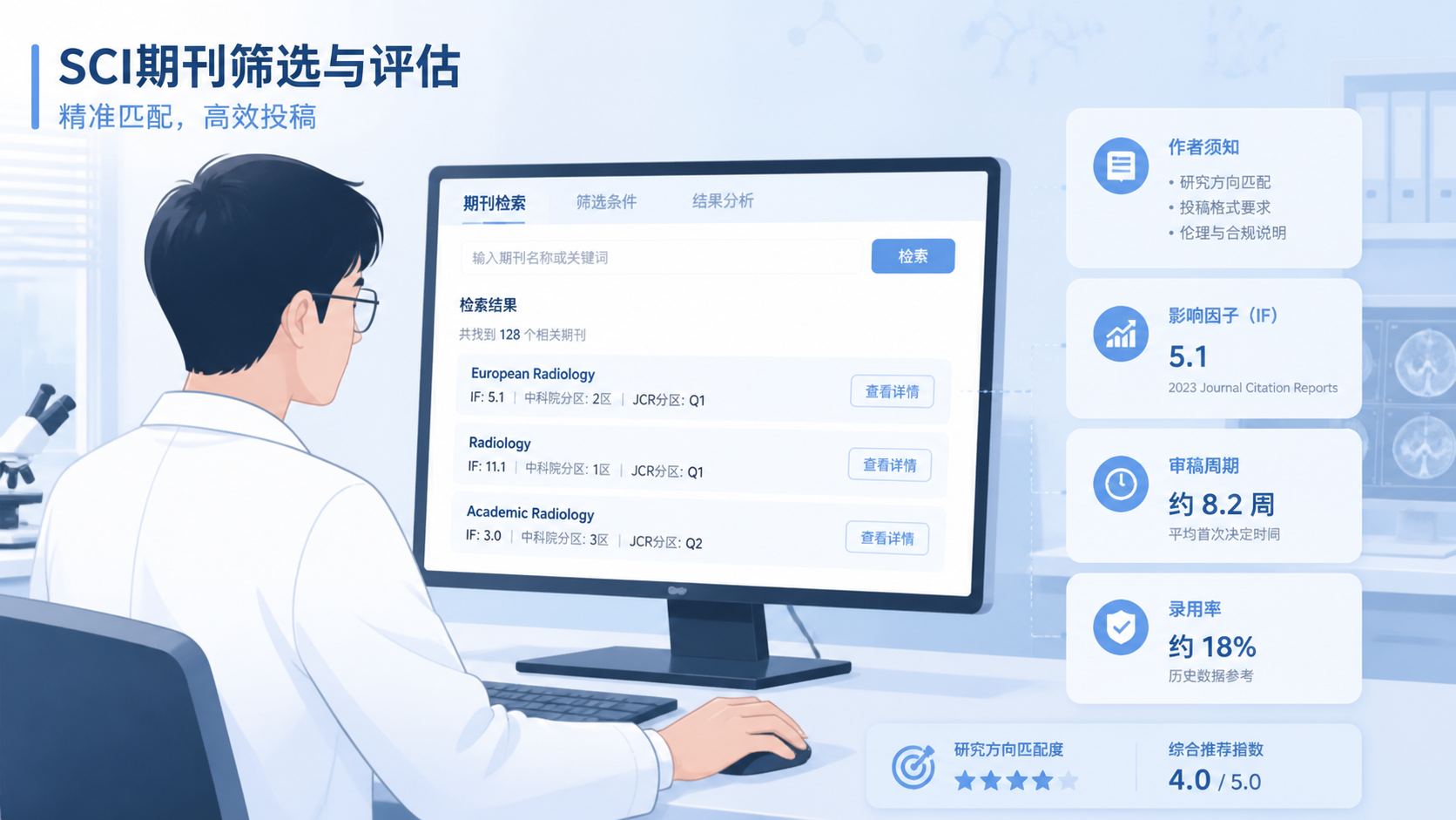 影像科研究者在电脑前筛选SCI期刊，旁边显示作者须知、影响因子和审稿周期信息的工作场景