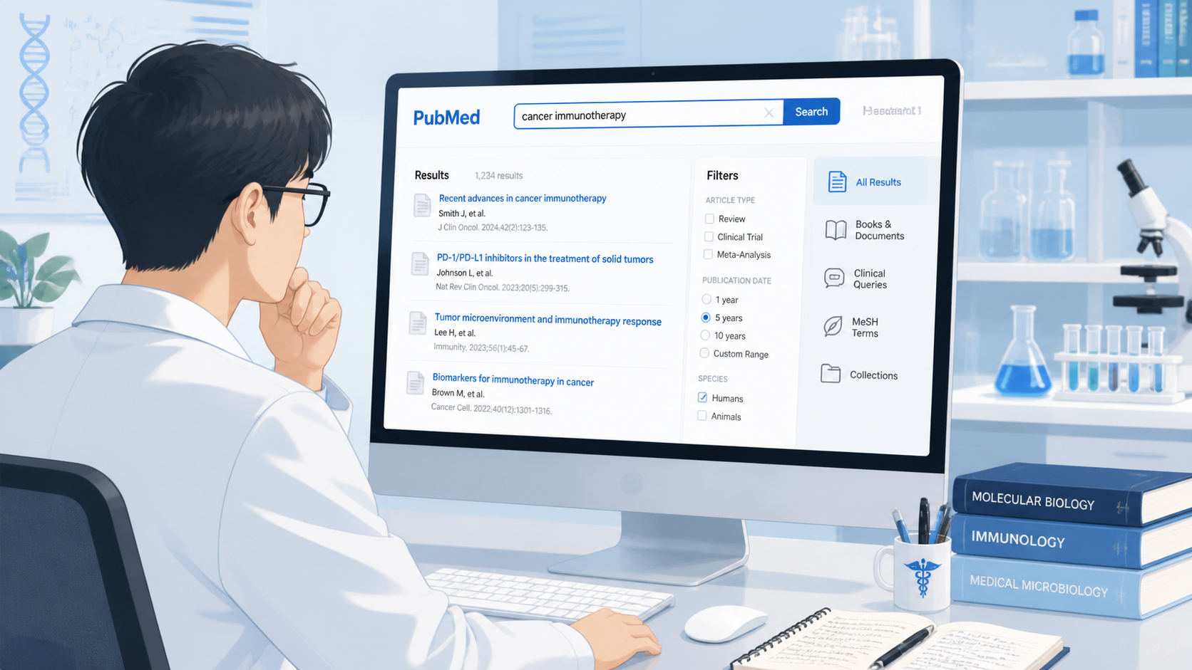 医学生在电脑前使用PubMed检索文献，屏幕展示检索框、结果列表和筛选栏，背景有医学书籍和实验室元素。