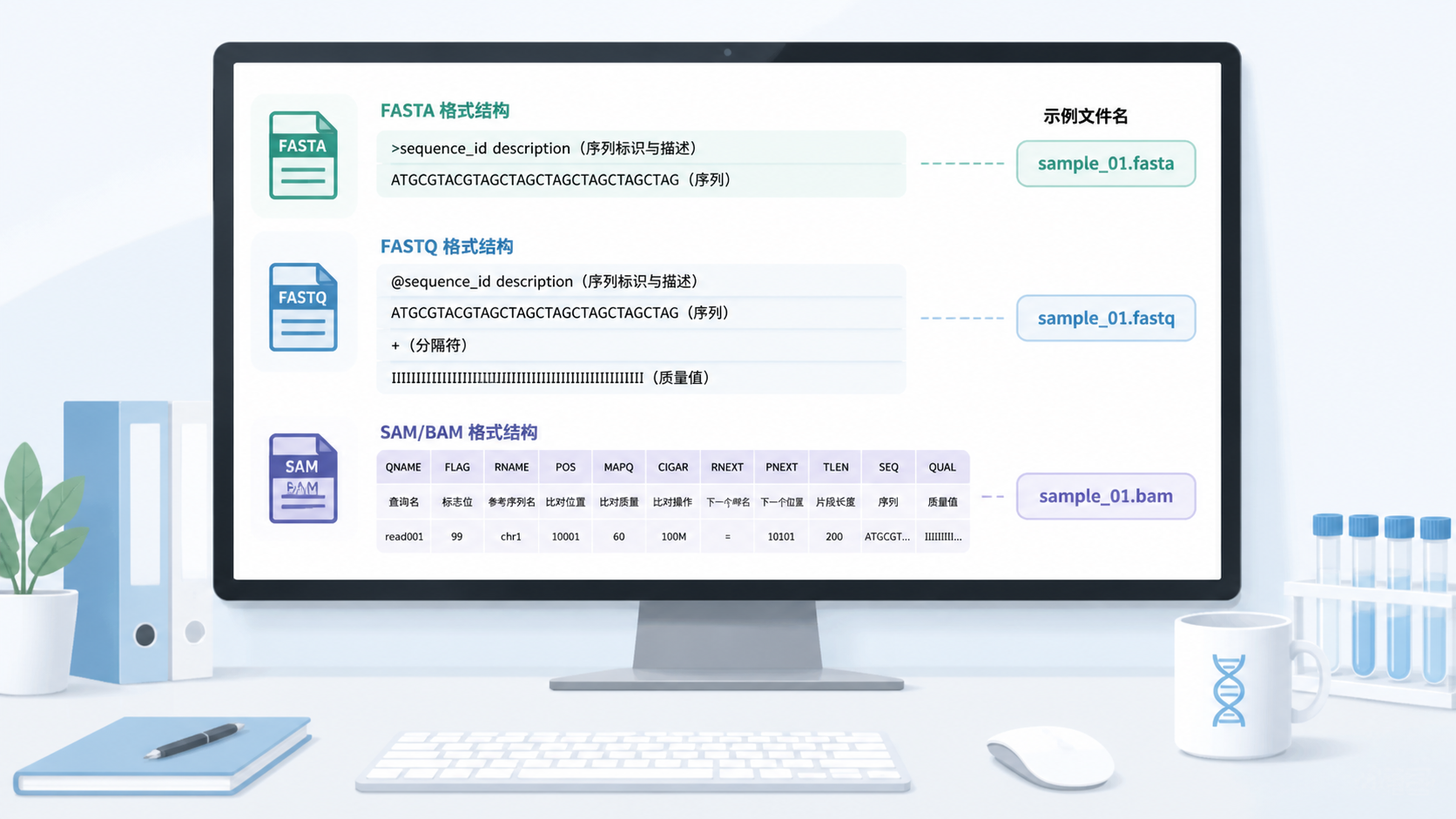 整洁的生信工作台，屏幕上显示FASTA、FASTQ、SAM/BAM文件结构示意图，旁边有规范命名的文件夹列表