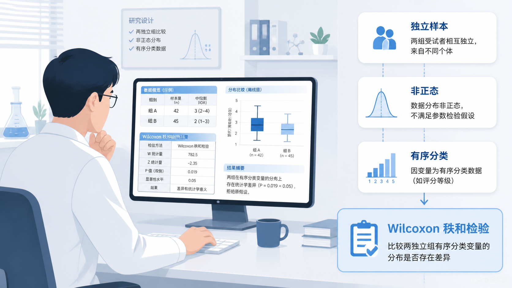 科研人员在电脑前查看统计结果报告，旁边展示“独立样本、非正态、有序分类、Wilcoxon秩和检验”流程图