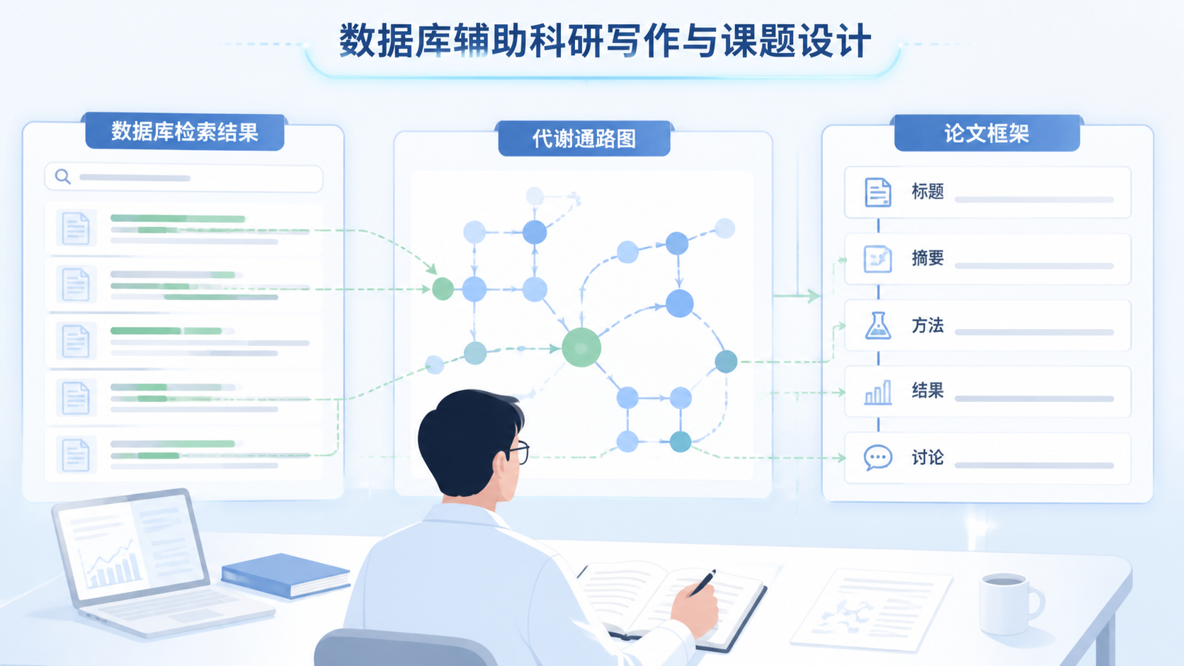 研究人员将数据库检索结果、代谢通路图和论文框架整合到一页工作台上，突出“数据库辅助科研写作与课题设计”