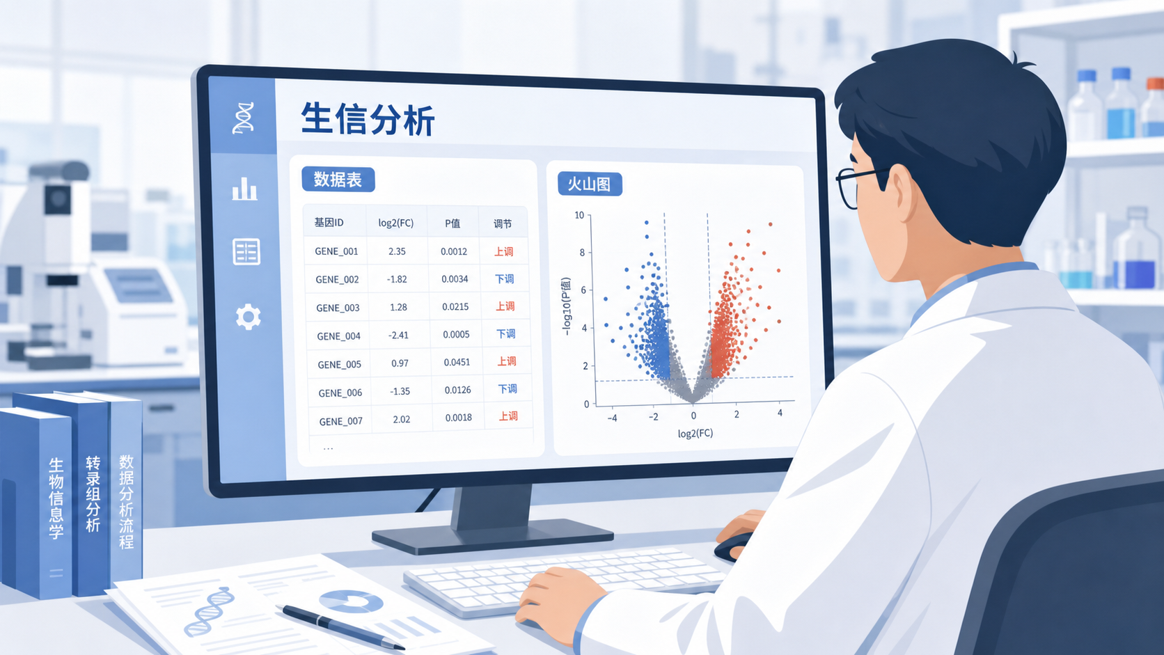 科研人员在电脑前对比在线生信分析平台界面、数据表格和火山图结果，背景为实验室场景。