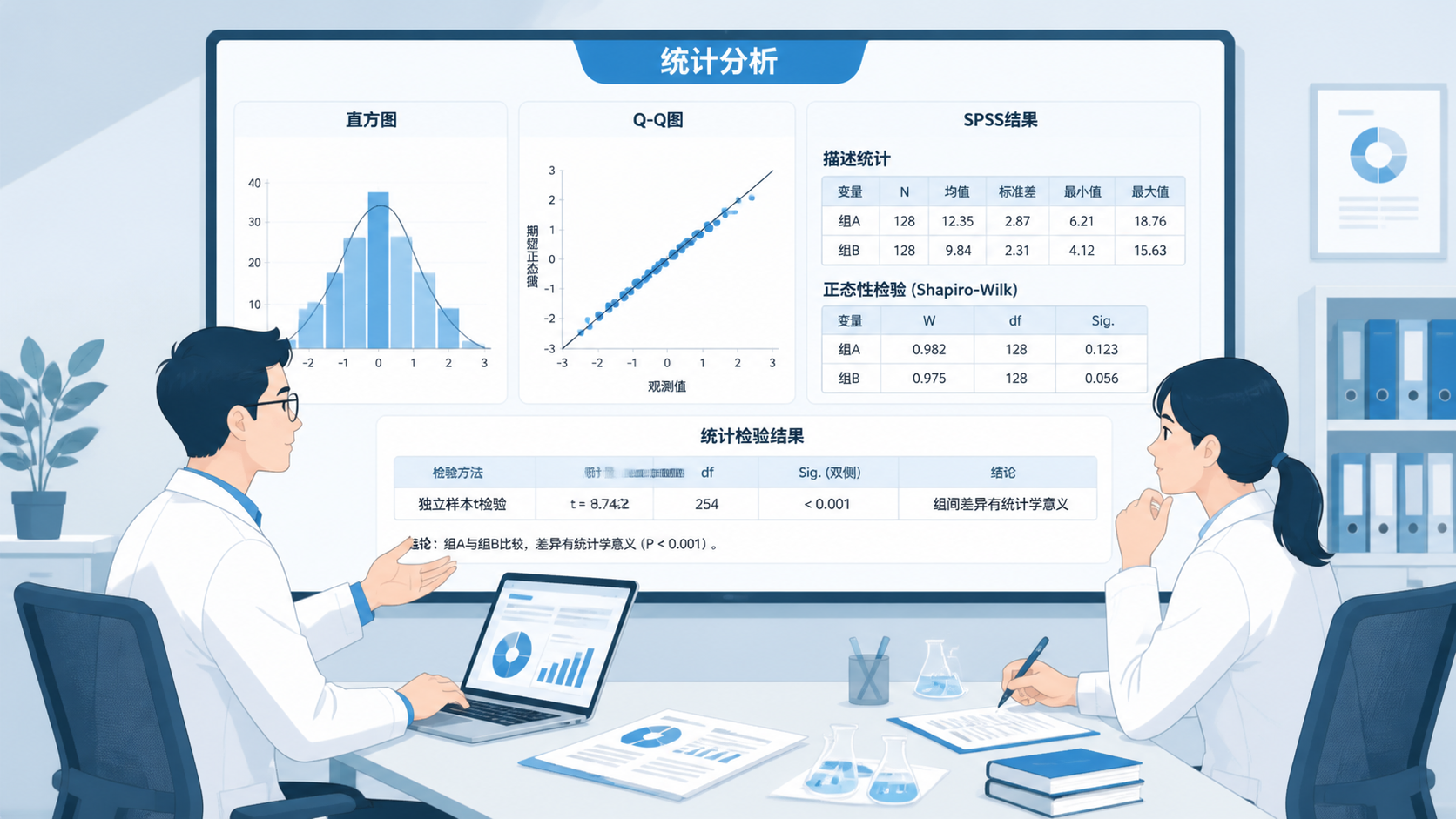 临床研究数据分析场景，屏幕上显示直方图、Q-Q图和SPSS输出结果，旁边有医学生在讨论统计学结果。