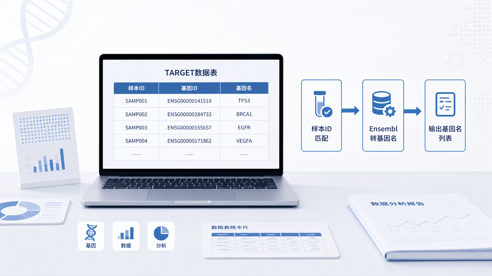 一张简洁的科研工作台场景图，包含TARGET数据表、样本ID匹配、Ensembl转基因名的流程节点，突出“格式转换完成后即可进入分析”的结果导向。