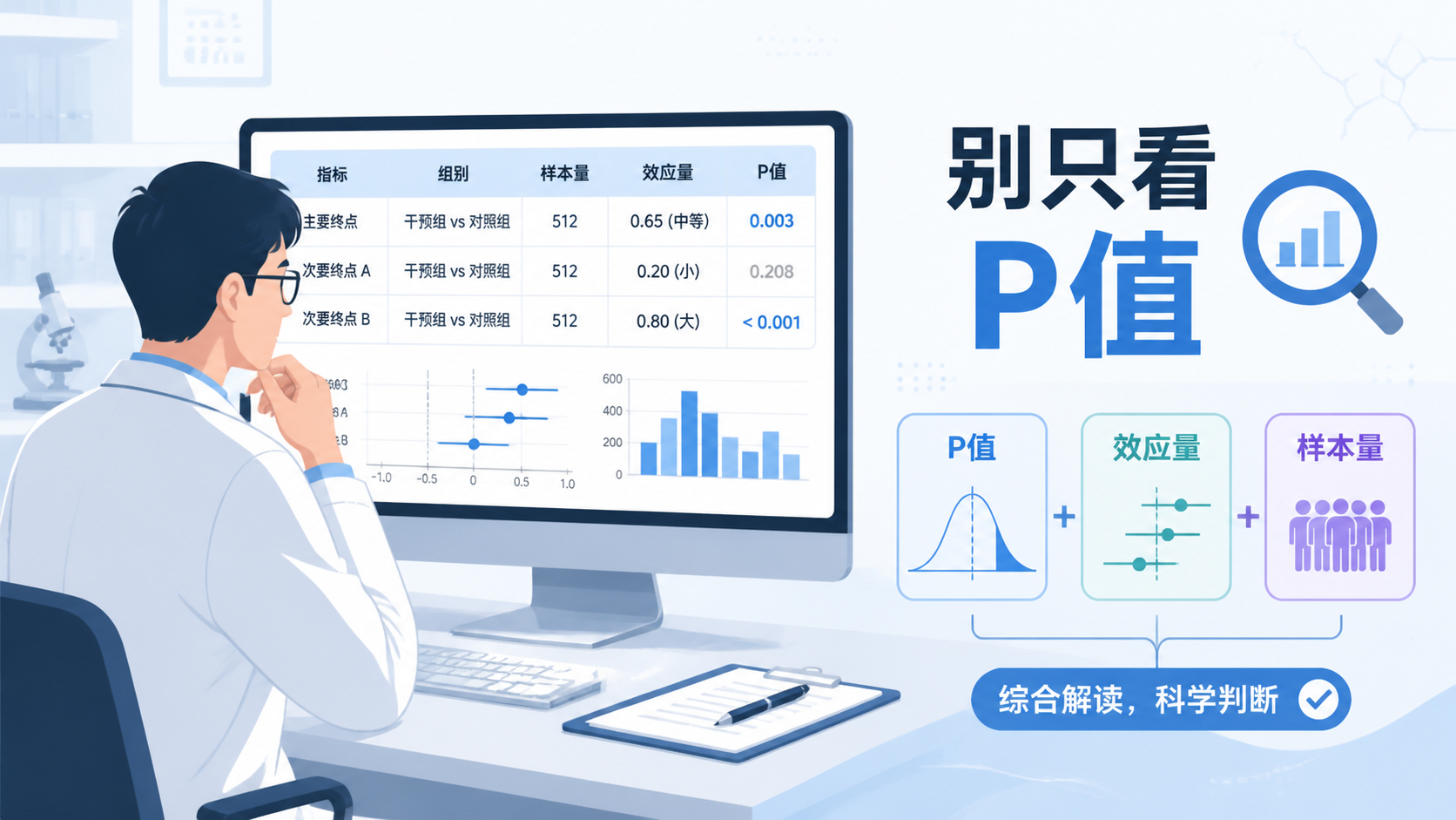临床科研人员在电脑前查看统计结果表，旁边标注P值、效应量和样本量，突出“别只看P值”