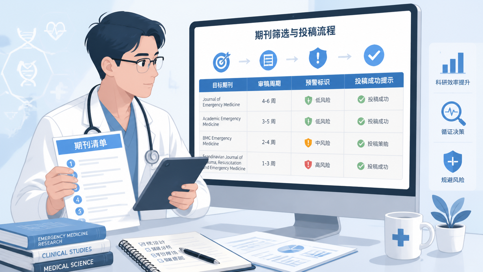 急诊医学研究者手持期刊清单和电脑屏幕，展示筛选后的目标期刊、审稿周期、预警标识与投稿成功提示