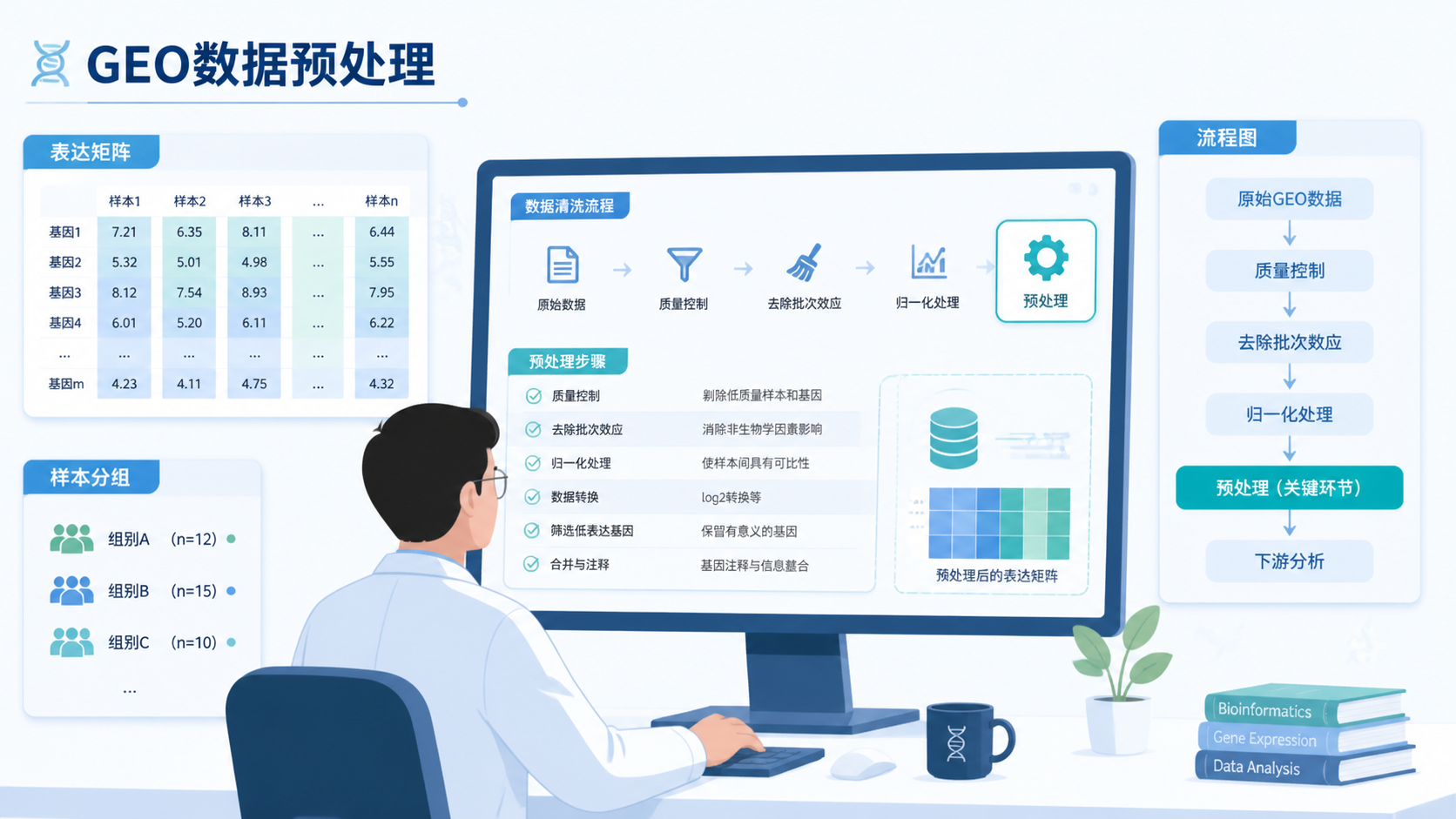 科研人员在电脑前整理GEO数据，旁边展示表达矩阵、样本分组和流程图，突出“预处理”环节的重要性。