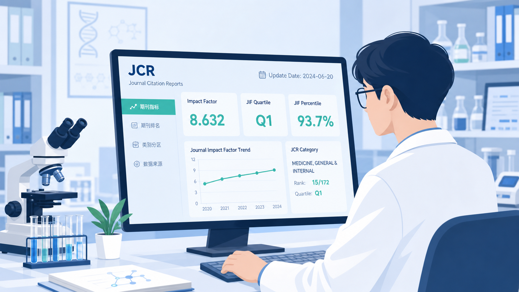 科研人员在电脑前查询期刊数据库,屏幕上显示JCR、影响因子和日期更新信息,背景为实验室或办公室场景