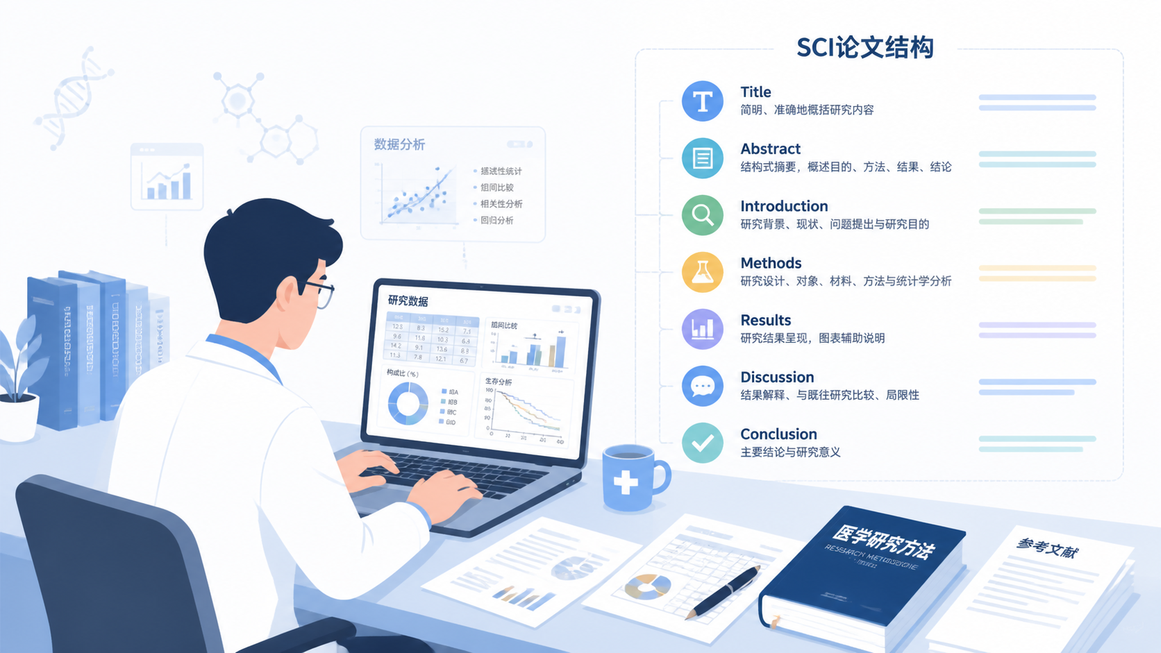 科研人员在电脑前整理数据、绘图和修改论文，旁边有SCI论文结构示意图
