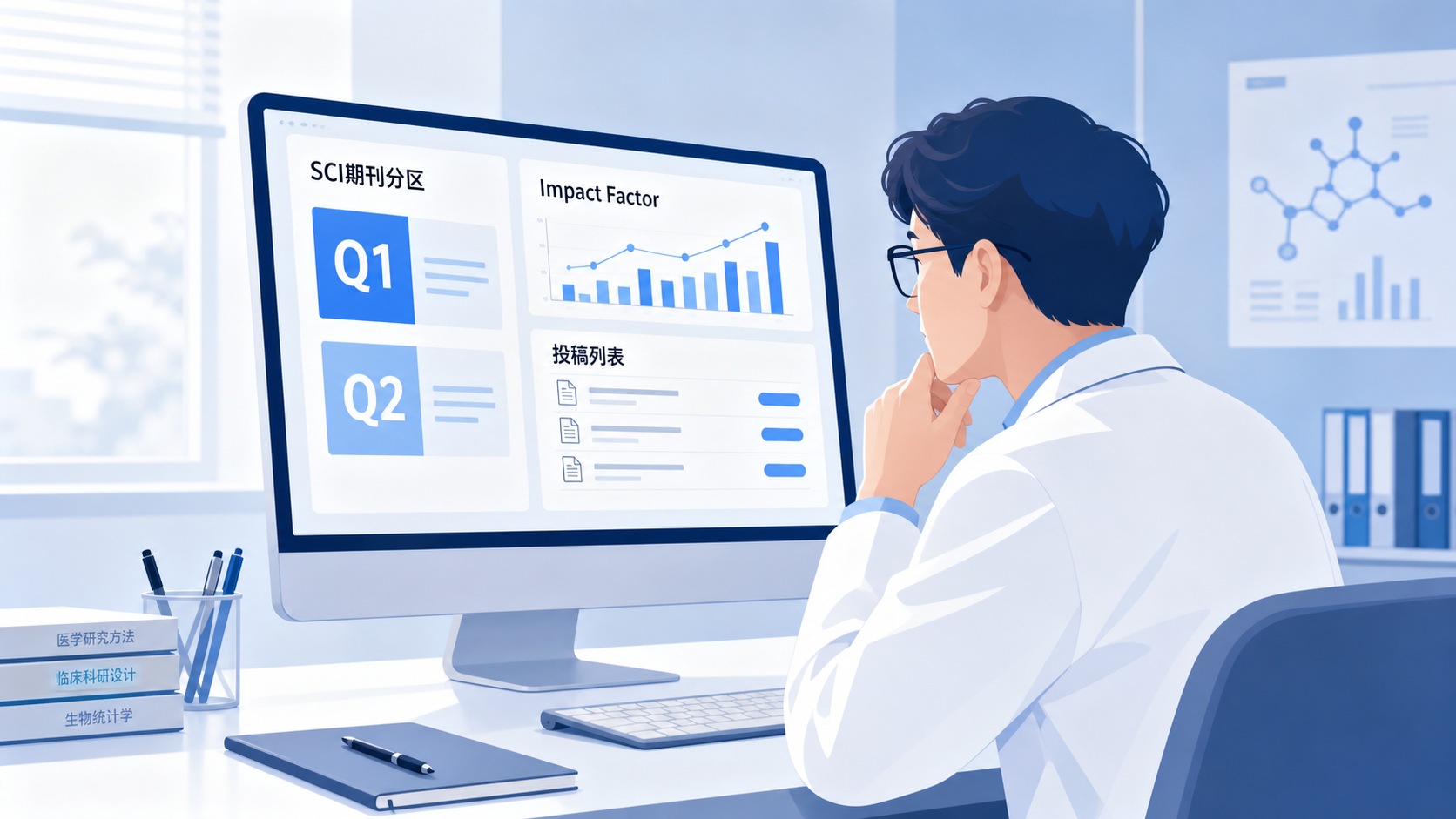 医学科研人员在电脑前查看期刊分区、影响因子和投稿列表的场景，画面简洁专业，突出SCI期刊选择困惑。