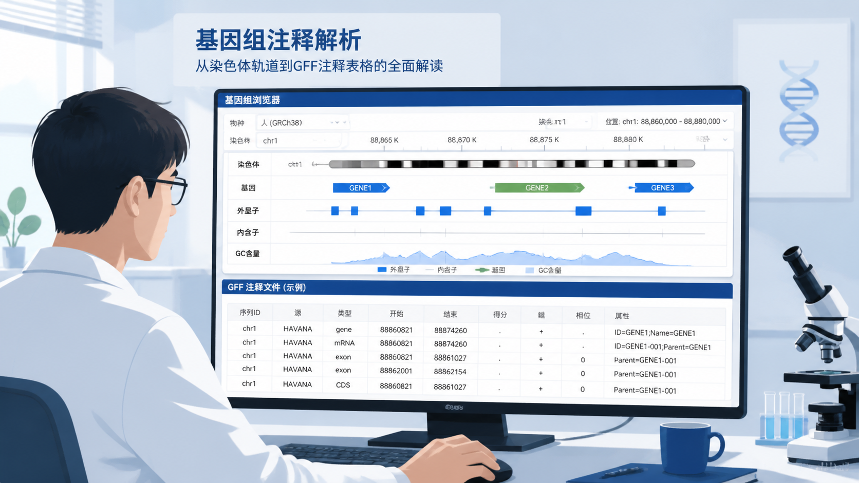 一位科研人员在电脑前查看基因组浏览器与GFF文件表格，画面突出“基因组注释解析”的专业场景