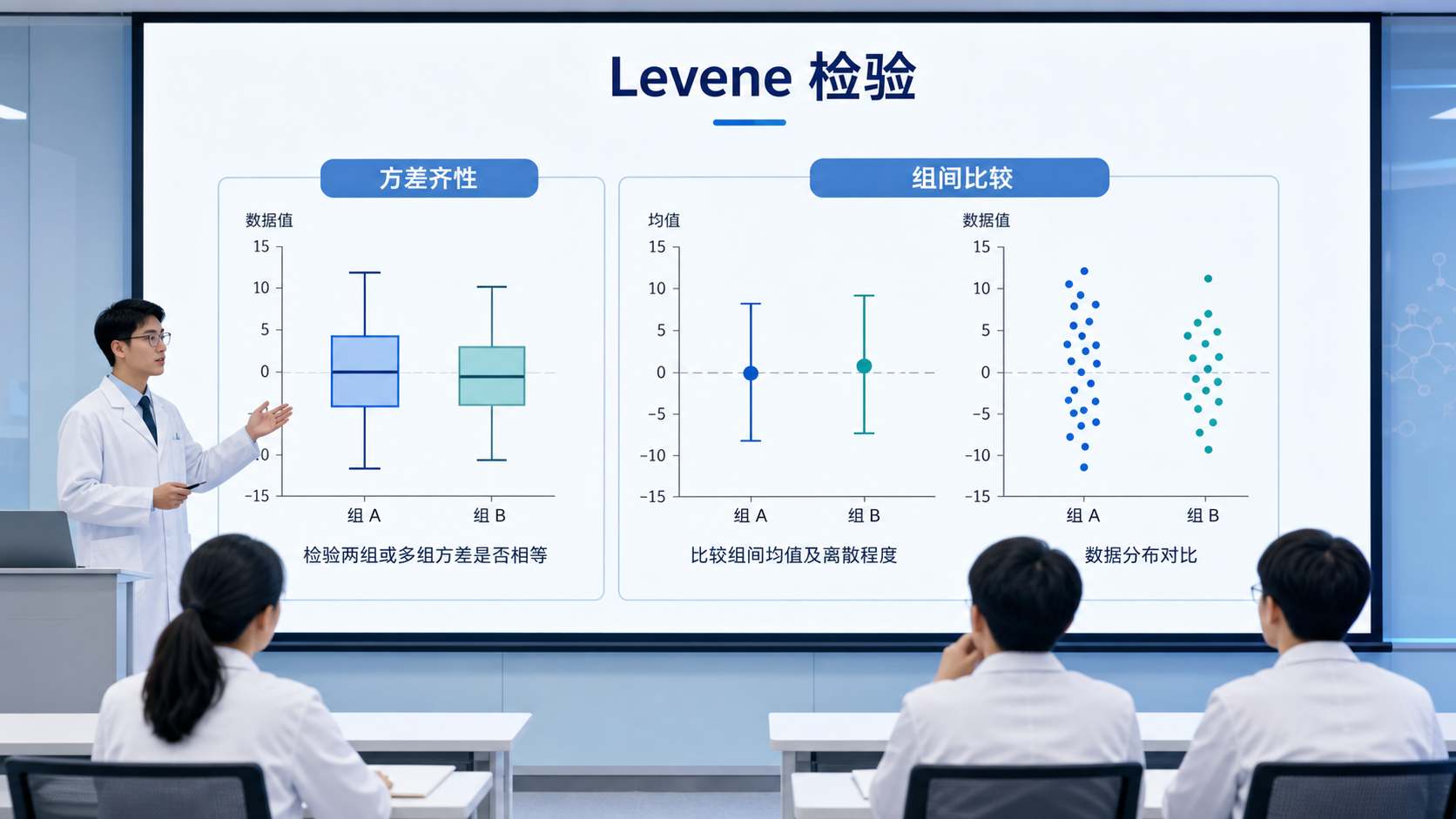 一张医学统计课堂场景图，屏幕上展示两组或多组数据的方差比较示意图，突出“Levene 检验”与“方差齐性”主题。