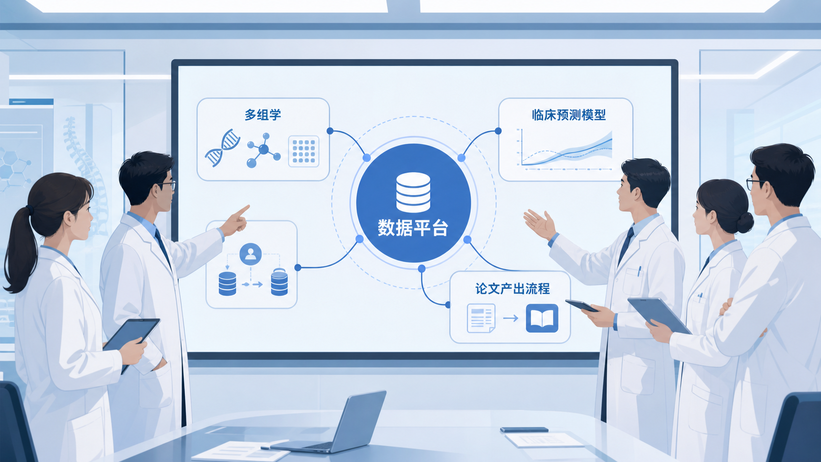 骨科科研团队围绕数据库平台讨论选题，屏幕上展示多组学、临床预测模型和论文产出流程，突出“数据平台到科研成果”的转化