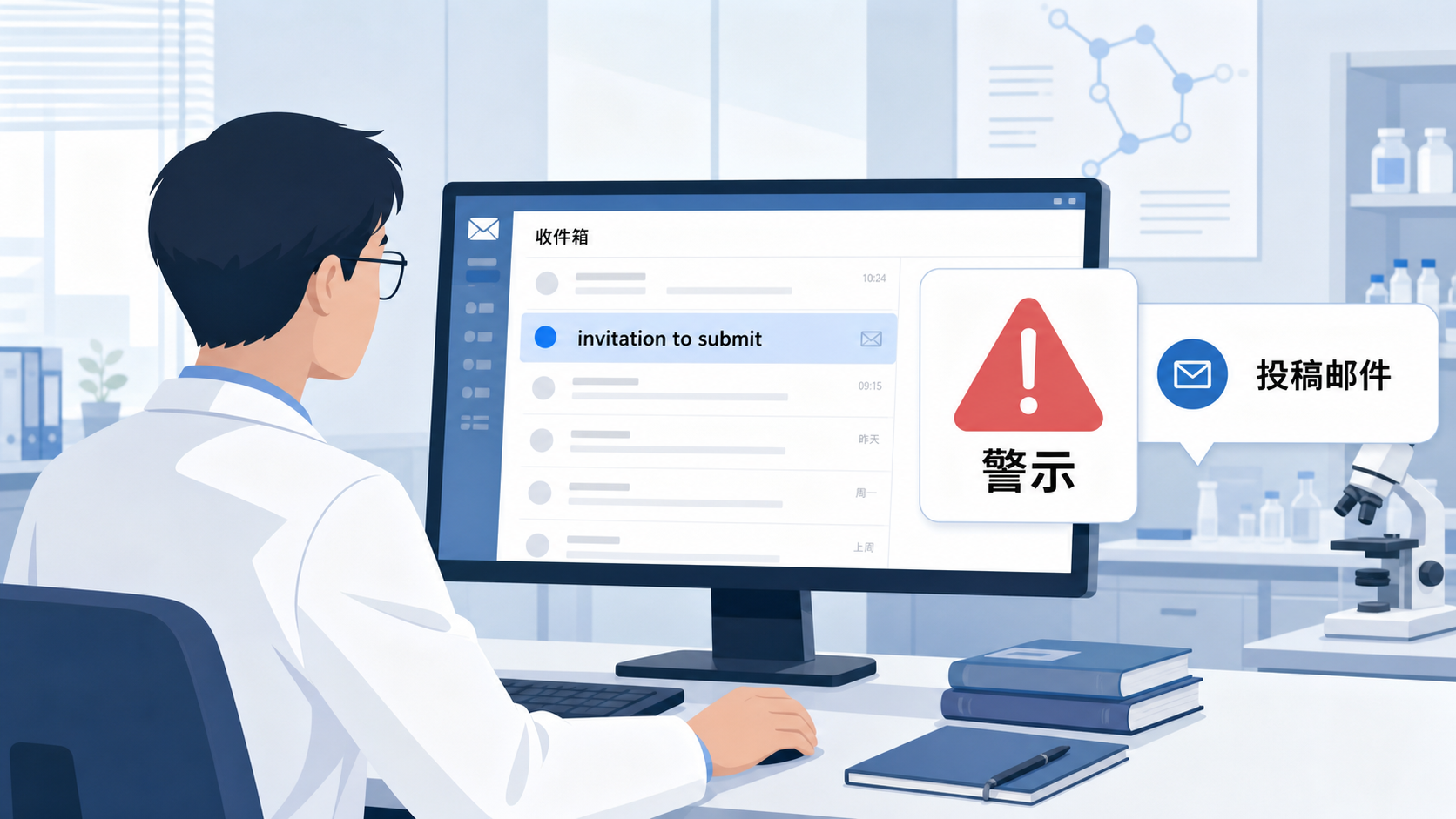 科研人员在电脑前查看投稿邮件,旁边弹出“invitation to submit”群发邮件和警示标识,背景是期刊官网页面对比图