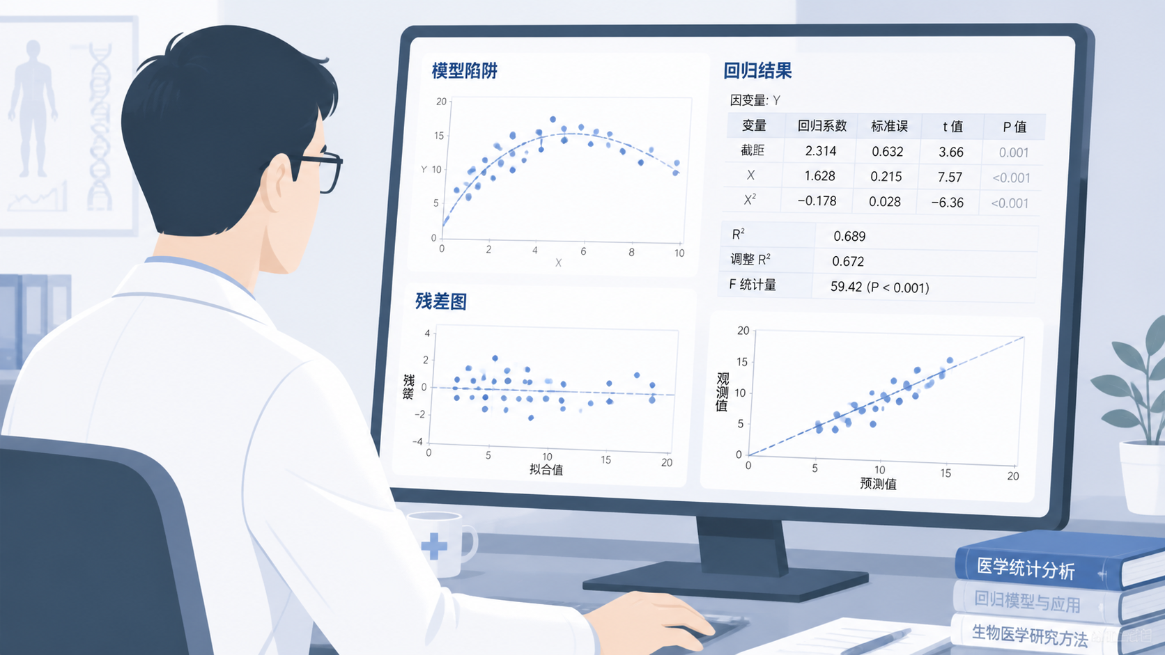 医学科研人员在电脑前查看回归结果和残差图，旁边显示数据表与散点图，突出“模型陷阱”主题。