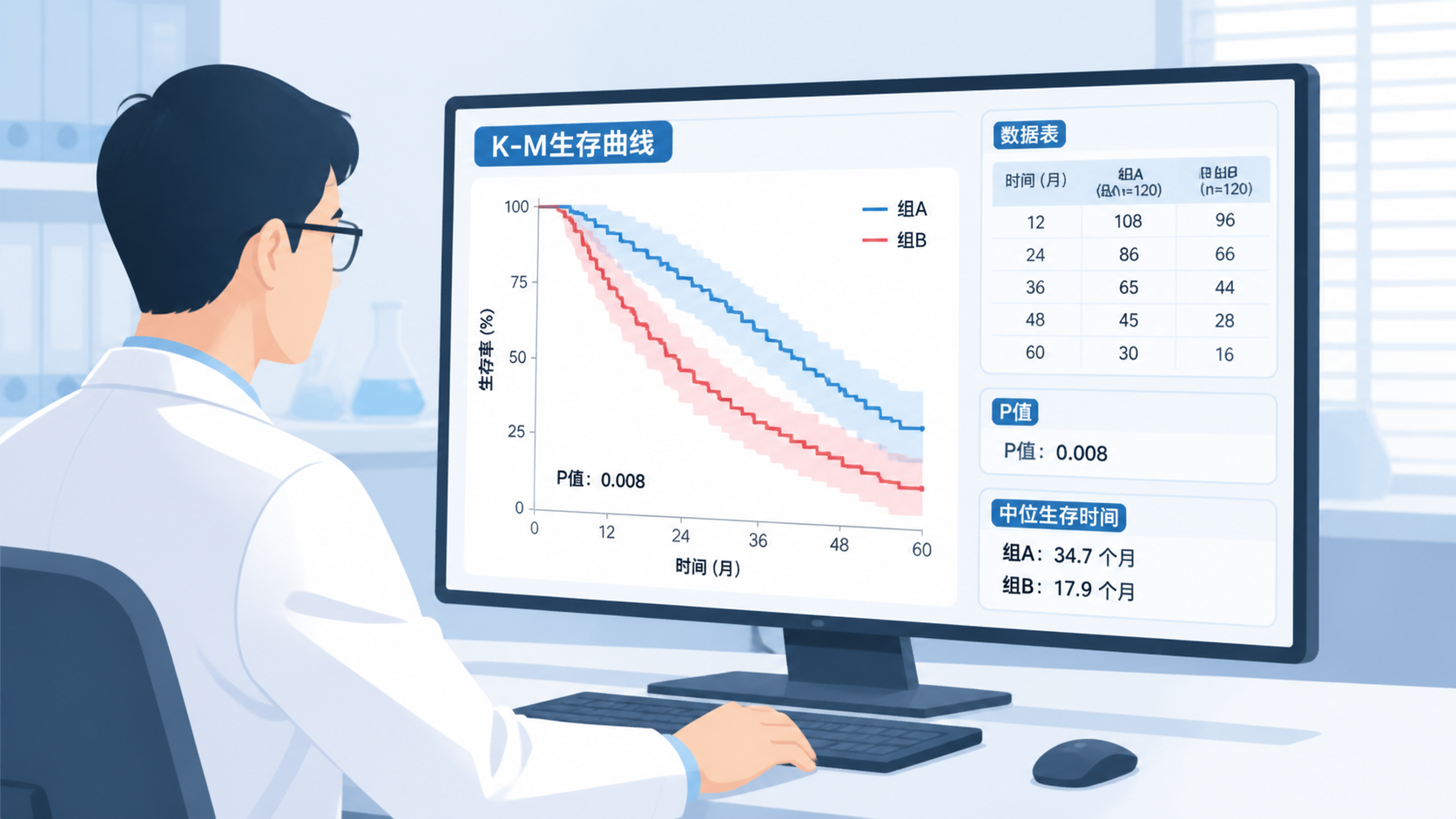 科研人员在电脑前查看KM生存曲线结果图，旁边配有数据表、P值和中位生存时间摘要。