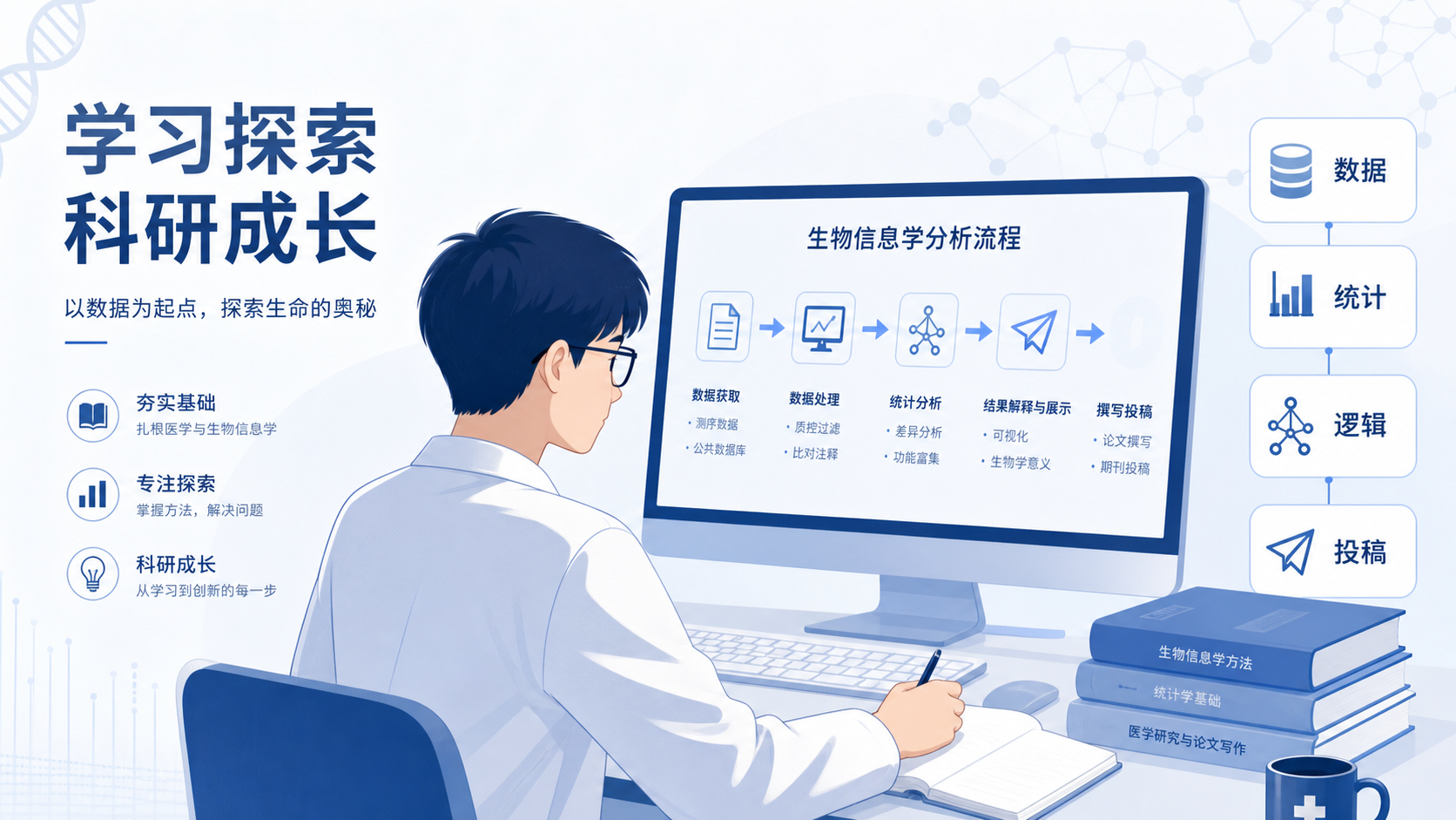 一位医学生面对电脑屏幕上的生信分析流程图,旁边有“数据、统计、逻辑、投稿”四个模块,画面强调学习路径偏差与纠正思路。